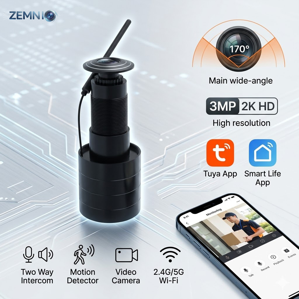 Smart Doorbell Wired - ZEMNIO 2K 3MP Smart Door Peephole-Kamera,